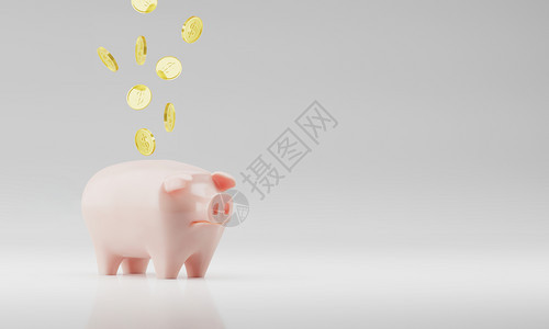 美元将粉色陶瓷小猪银行和漂浮的硬币孤立在白背景设计样板上为图形货币金融储蓄存款传播图片