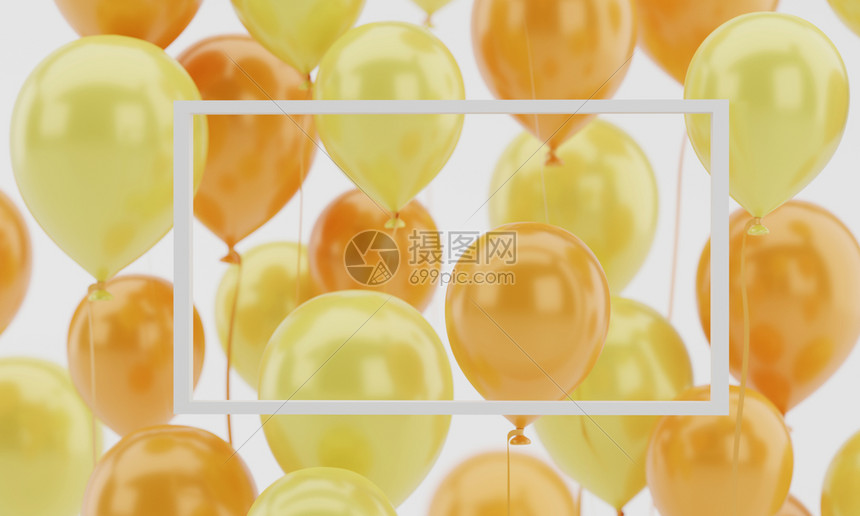 庆典超级市场3d提供白框架模板的色以橙色和黄气球漂浮文本作为海报传单邀请概念的背景模板明亮图片