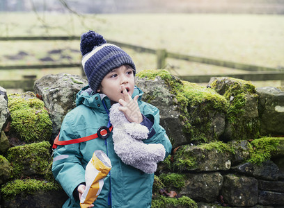 男生脆的小孩在农场散步时吃薯条可爱小男孩在公园吃零食或野餐校外活动与学营概念边走吃饼干和野餐享受图片