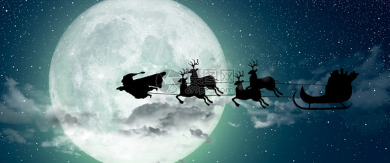超级圣诞老人男子一个超级英雄在满月飞过圆带领他的驯鹿在晚上圣诞节自豪领导景观图片