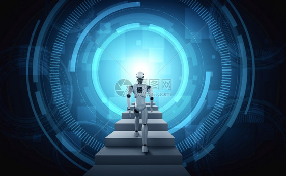 现实未来派3D让机器人类体走上成功与实现目标的楼梯AI概念思考大脑和机器学习过程第四轮工业革命3D让机器人类体走上成功之路AI概图片