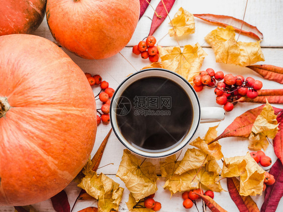 感恩节南瓜秋叶和一杯热咖啡图片