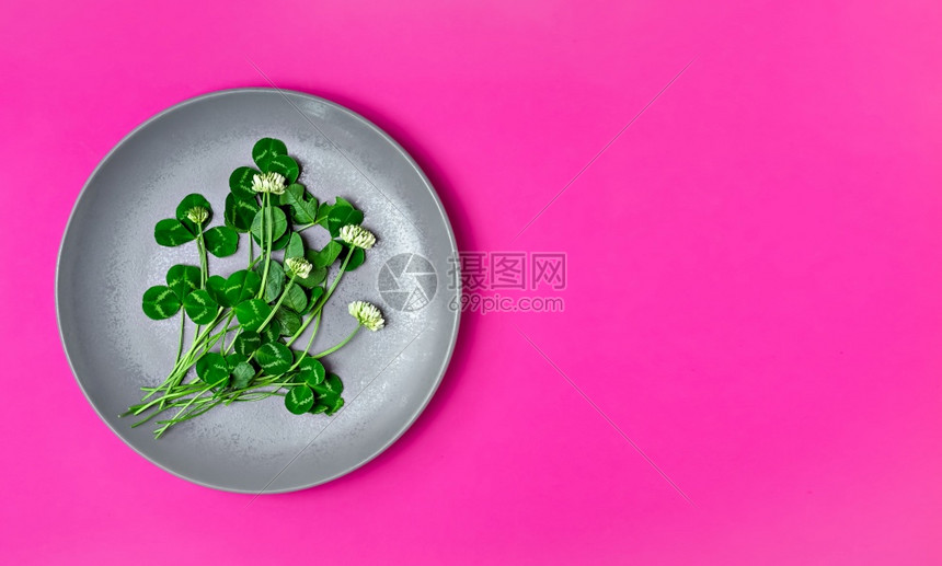 灰色盘子上春沙拉的可食花棚彩色粉红背景有复制空间平铺健康食品脱毒草药农业断然图片