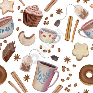 咖啡果烘烤在包装设计织物等方面涂有饼干甜圈蛋糕巧克力葵果咖啡豆茶袋和白色背景的可爱杯子咖啡店八角插画