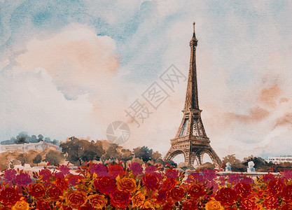 法国巴黎欧洲城市景观埃菲尔塔出名红玫瑰浪漫的秋天塞纳河景色水彩画绘陈年风格天线背景世界地标志受欢迎的法语云图片