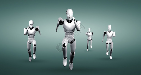 短跑门户14游戏运行机器人形显示快速运动和生命能量在未来创新发展的概念对AI大脑和人工智能思维通过机器学习3D插图运行机器人形显图片