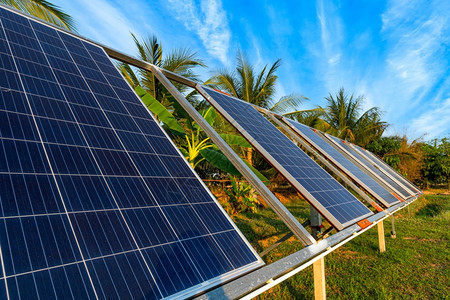 细胞电的农村住宅区业用太阳能电池板农田蓝天背景泰庭农村风格业产智能场替代清洁绿色能源概念高效的图片