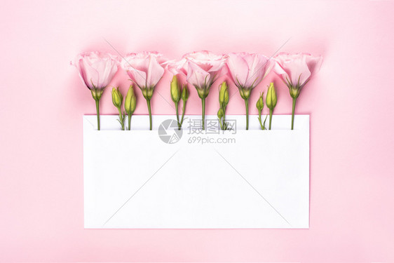 情人节国际妇女或母亲派对婚礼邀请的时尚横幅Eustoma插花鲜和空白卡粉红色背景插花粉红色背景信桌子作品图片