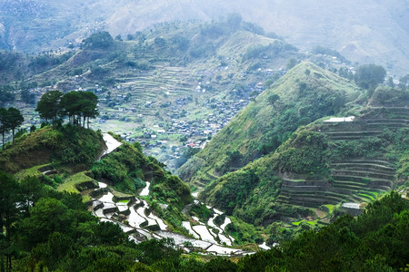 伊富高水对菲律宾伊富果省山脉中云雾蓝天Banaue的稻田梯惊人全景观菲律宾教科文组织遗产奇迹图片