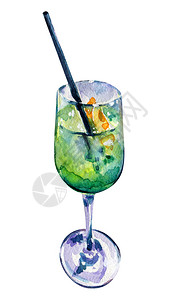 橙片酒精鸡尾用吸管在玻璃杯中喝绿色长饮蓝库拉索酒水彩画橙片酒精鸡尾透明酸橙三倍图片