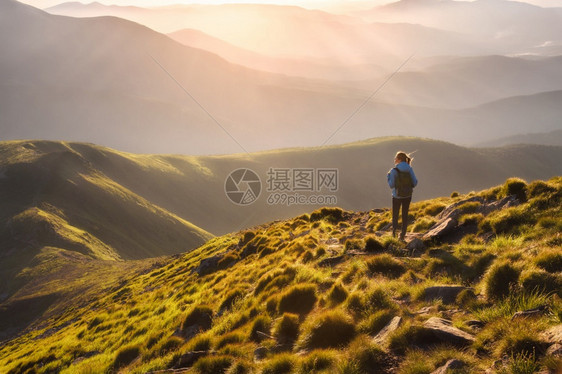 图像贾皮在山顶上的女孩青草看着美丽的山谷夏季日落时雾中风景与年轻女子一起在小路上迷雾的山丘森林天空旅行和游远足日出人们图片