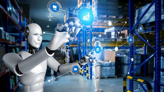 机器人技术创新工业机器人在仓库工作以替代人智能概念用于业革命和自动化制造过程创新工业机器人在仓库工作以替代人厂店铺图片