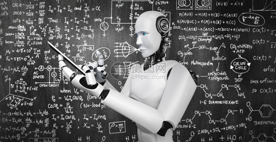未来人造的聪明机器人形使用手机或平板电脑进行工程科学习使用AI思维大脑人工智能和机器学习过程进行第四次工业革命3D渲染机器人形使图片