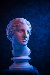 女孩巴斯塔优质的Gypsum古金星雕像维纳斯德米洛的古老雕像影印本供艺术家在一张深蓝色背景的粉画像上刻了妇女脸部的粉笔雕塑图片