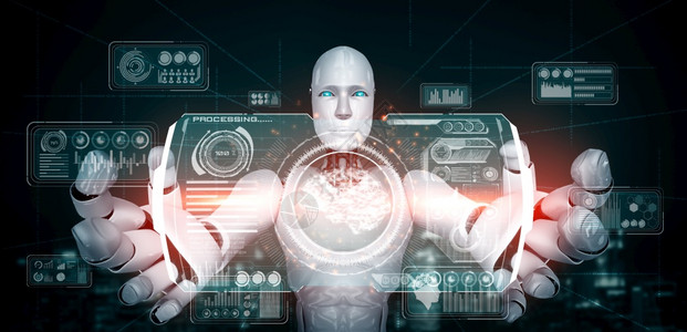 智力AI人形机器手持虚拟全息屏幕显示大数据概念分析使用人工智能思维通过机器学习程3D插图AI人形机器手持虚拟全息屏幕显示大数据概图片