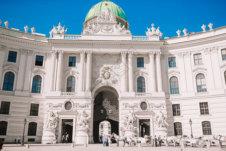 奥地利维也纳阿尔特霍夫堡宫在阳光明媚的日子从迈克尔广场看到奥地利维也纳市的阿尔特霍夫堡宫有马车和匹正方形面入口图片