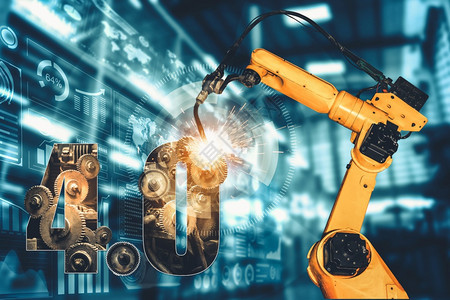 用于数字工厂生产技术的智能工业机械臂展示工业40或第四次工业革命的自动化制造过程和控操作的IOT软件用于数字工厂生产技术的智能工图片