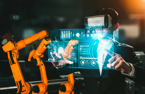 电子产品手臂用于数字工业和厂机器人技术的先进机械臂系统使用连接到互联网络的IOT软件由工业程控制的自动化造机器人用于数字工业和厂图片