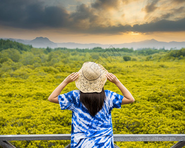 亚洲人女游客拿着帽子站在木桥上泰国罗勇市的TungProngThong森林当地PakNamPrasae镇旅游景观和概念东女士图片