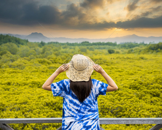 亚洲人女游客拿着帽子站在木桥上泰国罗勇市的TungProngThong森林当地PakNamPrasae镇旅游景观和概念东女士图片