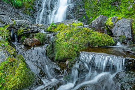 迅速如画夏季日风雨林森中的溪流山崩瀑布在岩和青绿的山区河流之间自然景观森林中红厚的茂密地带有连串的山溪泡沫图片