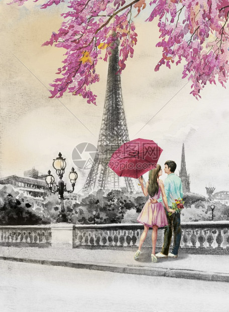 花画巴黎欧洲城市风景法国埃菲尔塔和两对年轻男子女在街上用红色伞式雨水彩绘画展示节假日旅行情人节牌欧洲的图片