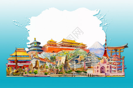 环游世界各地观光著名的地标将水彩画手绘图亚洲白蓝背景的山标广受欢迎的旅游景点组合成一连串的水彩画图亚洲白色蓝背景的山标建筑学国际图片
