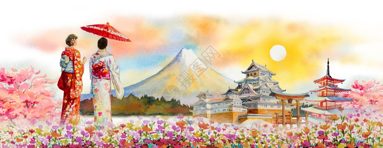 自然日本人季节富士山旅行亚裔妇女佩戴日本传统和服的著名地标有雨伞水彩画插图以太阳天空为背景广受欢迎的旅游景点图片