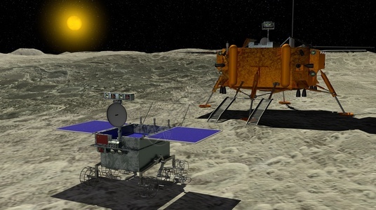 航天阴影月球探险车YUTU2号滚过月球表面用长阳4号月圆探测器和3D背景太阳图示月亮图片