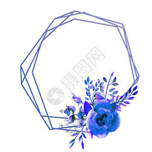 罗宾几何框架在白色孤立背景上用蓝色玫瑰花框起来海报邀请用于装饰贺卡或邀请方向的水彩作品几何框架在白色孤立背景上用蓝色玫瑰花框起来图片