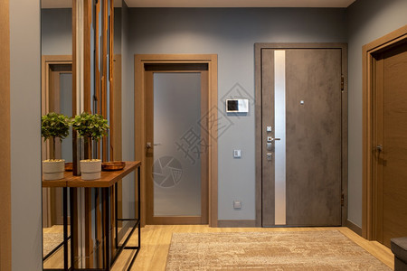 设计师技术自然现代入口走廊以棕色和灰音调的中窗帘褐色和灰调阁楼式风格墙厂在控制台上的视频对讲机图片