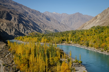 Ghizer河在巴基斯坦Gahkuch的森林中流经周围环绕着兴都库什山脉GilgitBaltistan登山户外流动的图片