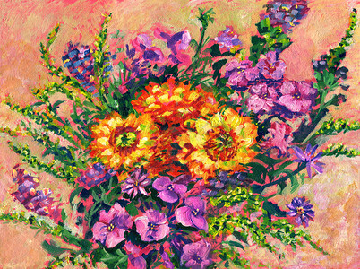 夏季和秋鲜花草药菊黄向日葵火天光平叶和薯条用于印刷明信片和包装设计绿花的寿命分支紫色的绘画图片