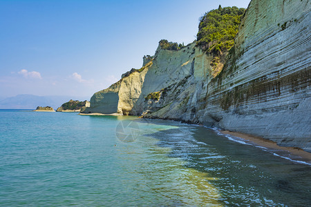 旅行假期Loggas海滩Peroulades科孚岛希腊Logga海滩是岛上最特别的海滩之一拥有陡峭的垂直悬崖最终位于一个非常狭窄图片