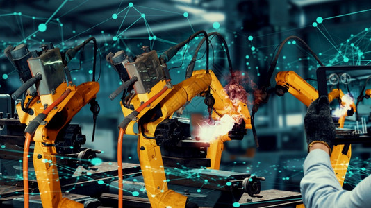 工业第40或次工业革命和IOT软件管制操作的自动化造过程概念智能工业机器人武现代化以创新工厂技术为革进行机械化现代项目工业第40图片