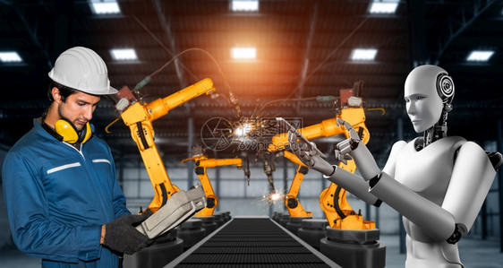 部件作坊机械化工业器人与类工在未来厂中协同作业革命和自动化制造过程的人工智能概念机械化工业器人和类工在未来厂中协同作未来派图片