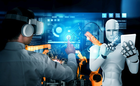 电脑数字的机械化工业器人与类工在未来厂中协同作业革命和自动化制造过程的人工智能概念机械化工业器人和类工在未来厂中协同作坊图片