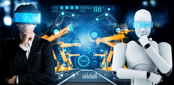 仓库机械化工业器人与类工在未来厂中协同作业革命和自动化制造过程的人工智能概念机械化工业器人和类工在未来厂中协同作业的在职图片