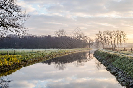 冬天植物雄伟日落时有新鲜草的梦幻般平静河流荷兰清晨寒冷的一天中美丽绿色冬季景观图片