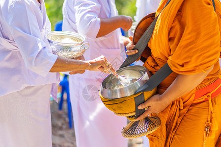 崇拜佛教僧侣Sanghagivealms的僧侣与一位佛教和尚他于上午从佛教祭品中出来以表明信仰忠实地履行最近的职责老挝文化图片