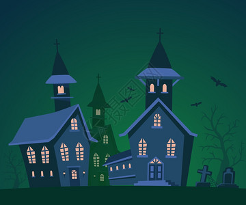 绿色恐惧地点粉树化的古屋蝙蝠和深绿背景的树木为万圣贺卡招贴画网站横幅设计恐怖城堡为万圣贺卡海报旗帜而设计可怕的城堡图片