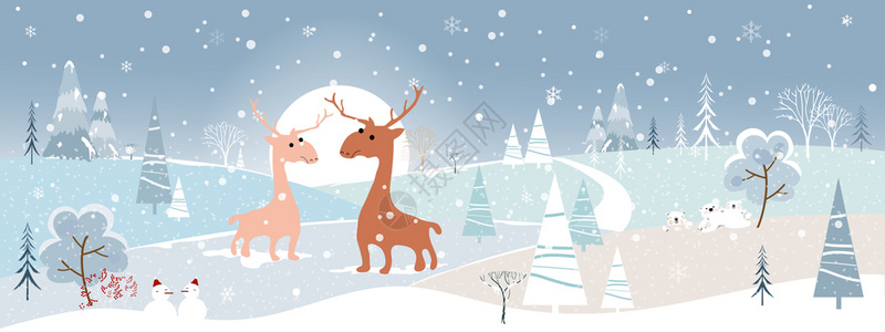 游客幸福奇幻之地冬季风景山丘落雪圣诞树人北极熊家庭妈和儿子驯鹿圣诞快乐和新年背景童图片