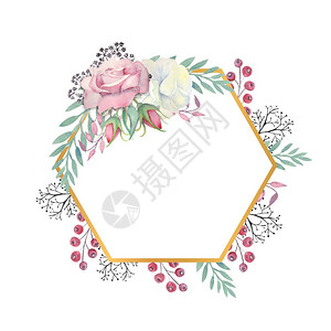 白玫瑰和粉红花绿色叶子金形多边框的浆果与花朵结合的婚礼概念水彩装饰贺卡或邀请函的颜色构成白玫瑰和粉色花绿树叶金色多边框的浆果水彩图片