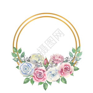 蓝色和粉红的玫瑰花绿叶金圆框的浆果婚礼概念与鲜花用于装饰贺卡或请柬的水彩组合物蓝色和粉红的玫瑰花金圆框的浆果水彩插图花环优质的图片