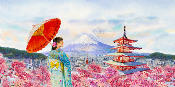艺术品丰富多彩的水绘画日本著名地标亚裔妇女穿着日本传统和服在藤山上戴雨伞的日本传统和服春季在清晨日出开樱花图片