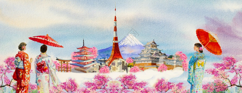 开花文化东京日本之旅世界著名地标和亚洲妇女穿着日本传统和服在天空背景广受欢迎的旅游景点中用伞式水彩画插图展示雨伞般的水彩色绘画图片