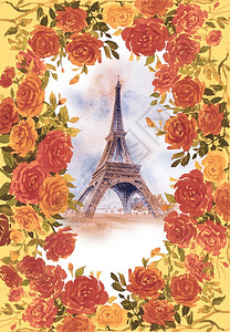 绽放巴黎欧洲城市地标法国埃菲尔塔建筑著名旅游地点和玫瑰花架风格的景画图旅行海报标志情人日等法国Eiffel塔建筑有名的旅游地点和图片