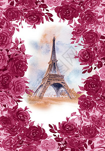 冬天巴黎欧洲城市地标法国埃菲尔塔建筑著名旅游地点和玫瑰花架风格的景画图旅行海报标志日等法国Eiffel塔建筑有名的旅游地点和图片