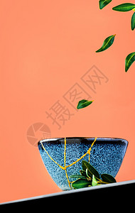 复制禅绿茶一碗和叶悬浮在烧焦的西埃尼娜背景下有选择地关注杯子重新装修陶瓷杯第二代回收利用有机的图片