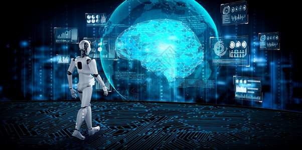 插图第4名头脑科幻想世界中的3D渲染机器人形AI思维大脑和机器学习过程的第四次工业革命的概念科幻想世界中的图片